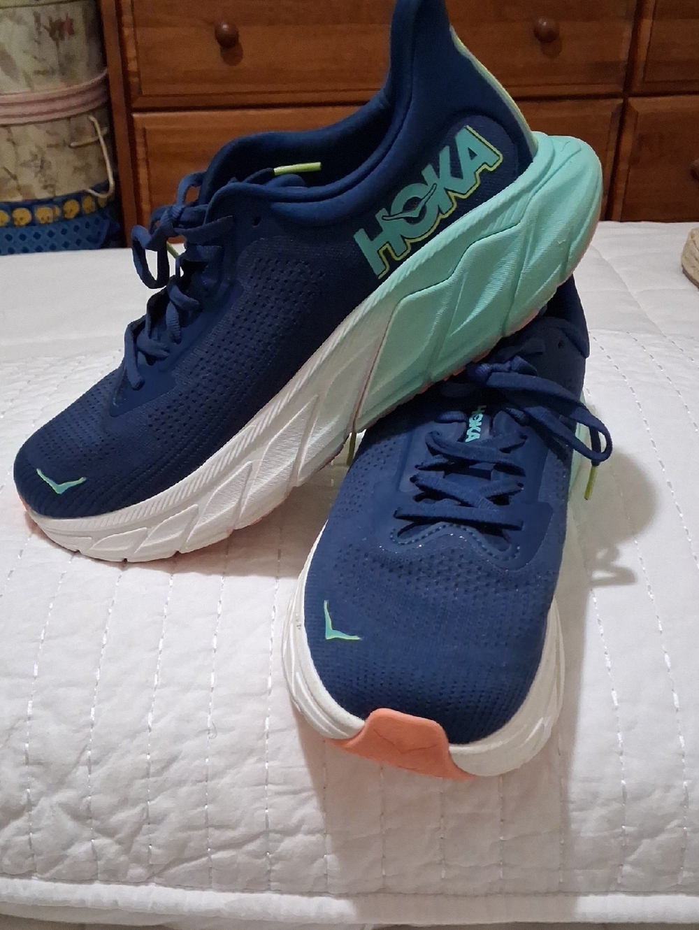 Hoka Women's Navy Running Shoes with Teal Accents and Coral Toe Sz 9